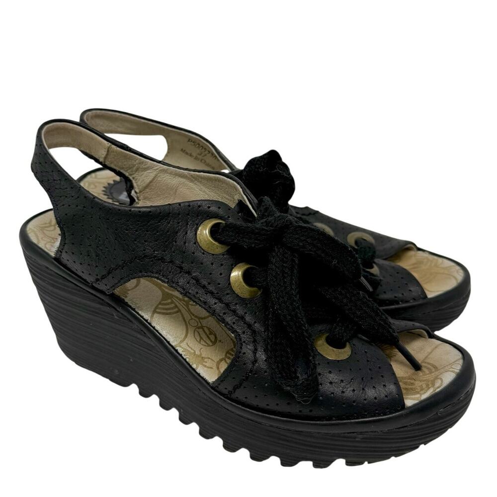 Fly London Ylfa Wedge Sandal Black Leather Laces Size 37 EUC Chunky Artsy Edgy